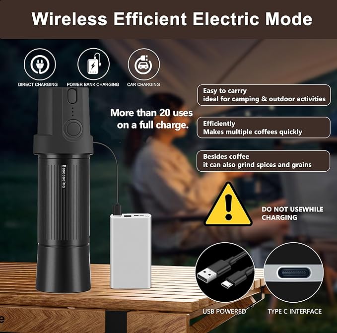 Burr Coffee Grinder 2-in-1 Manual/Electric, 40mm Stainless Steel Conical Burr Coffee Bean Grinder, USB Rechargeable Home Use, 16 Grind Levels for Espresso/Drip/French Press/Mocha (Black)