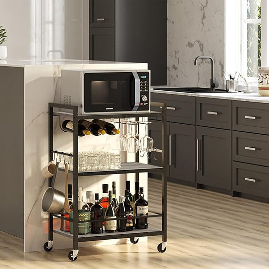 TUTOTAK Bar Cart - Serving Cart for Home - Microwave Cart, Drink Cart, Mobile Kitchen Shelf with Wine Rack and Glass Holder, Rolling Beverage Cart BC01BG030
