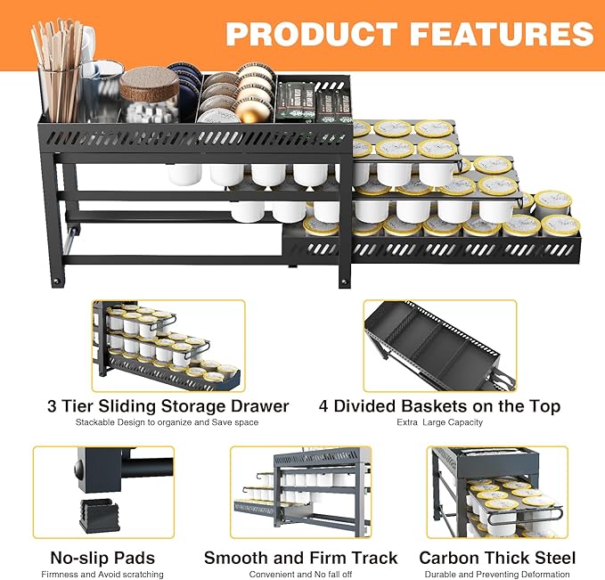Coffee Pod Holder for K Cups with 3 Tier Slidng Storage Drawer and 4 Coffee Accessories Baskets on The Top, K Cups Save Space Organizer for Home Office Cafe Counter and Kitchen, Black