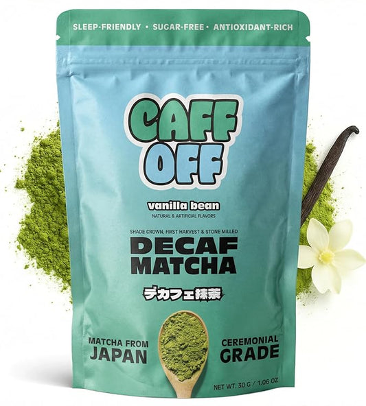 Caff Off Decaf Vanilla Matcha Green Tea Powder From Japan – 1.06 oz / 30 g - Ceremonial Grade & Sugar-Free – No Fillers or Milk Powders – Naturally Decaffeinated Without Chemicals – Tested for Heavy Metals – First Harvest, Shade-Grown & Caffeine-Free M...