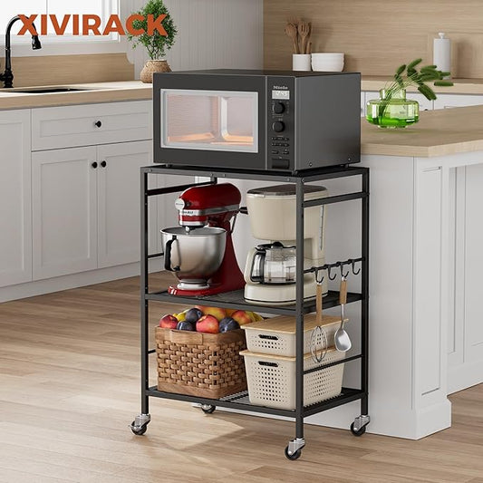 3-Tier Kitchen Cart with Adjustable Shelves - Microwave Storage Cart & Utility Rolling Organizer, Industrial Wheels for Small Spaces, 15.7"x23.6"x33.7" Black Panel and Black Frame