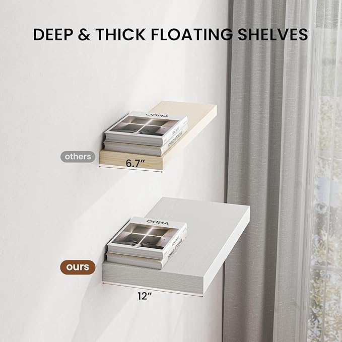 Dreamland 48" Floating Shelves for Wall, 12" Deep Thicker White Floating Shelves, Wall-Mounted Shelves for Bedroom, Living Room, Kitchen, Bathroom - Set of 2