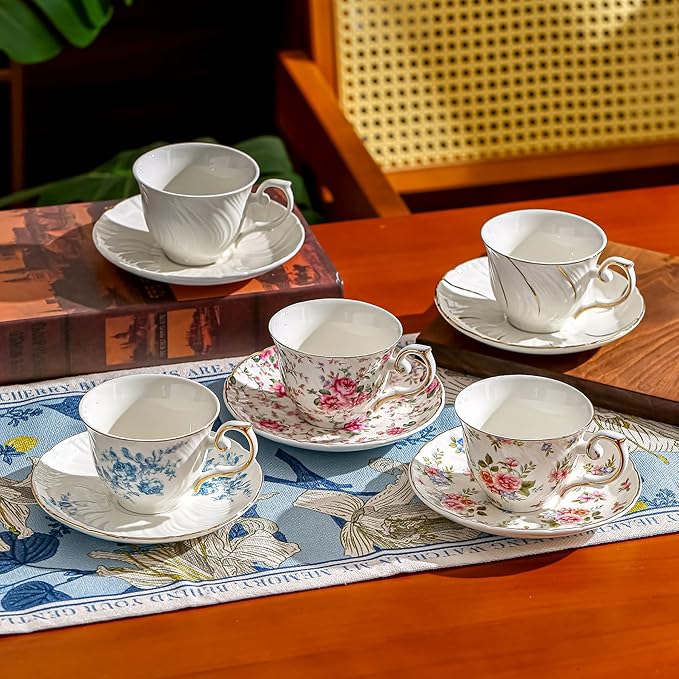 tea cups and saucers ceramic coffee mug 6oz for Coffee, Latte, Cafe Mocha and Tea-Set of 4 (Big flowers-Set of 4)