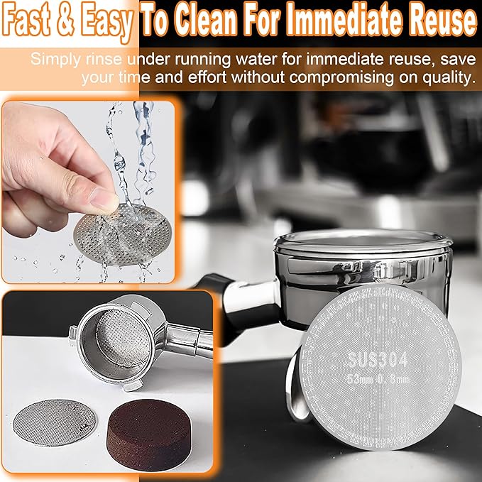 Reusable & Ultra-Thin Puck Screen with Double-Layer Filtration - 53mm Espresso Puck Screen with 0.8mm Thickness, Food Grade Stainless Steel Espresso Filter Screen for 54mm Portafilter Filter Basket
