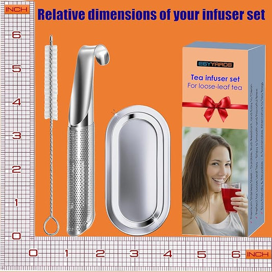 Stainless Steel Tea Infuser Set for Loose Leaf Tea – Durable Food-Grade Strainer with Long Handle, Hook, Drip Tray, and Cleaning Brush, Suitable for Single-Cup Brewing