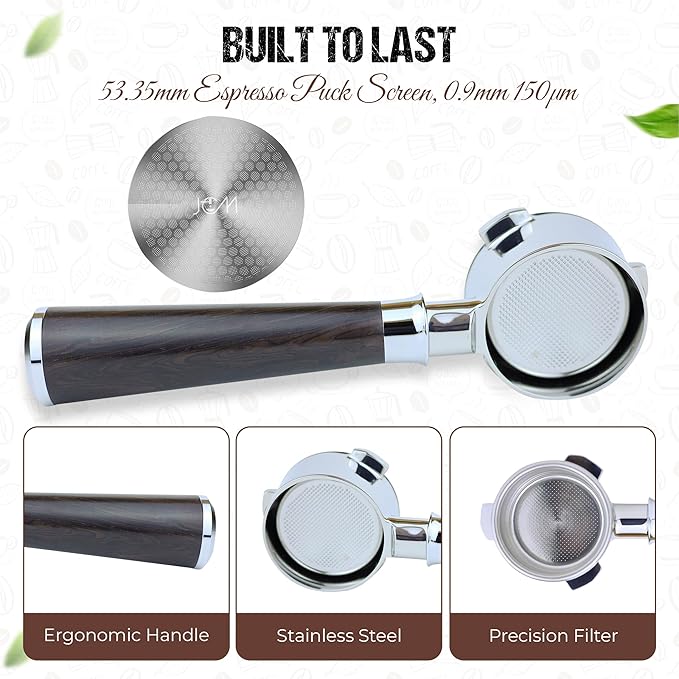 54mm Bottomless Naked Portafilter Black Rosewood Set – Compatible with 54mm Breville Espresso Machines – Includes 18g Filter Basket & 53.35mm Puck Screen, 0.9mm 150μm