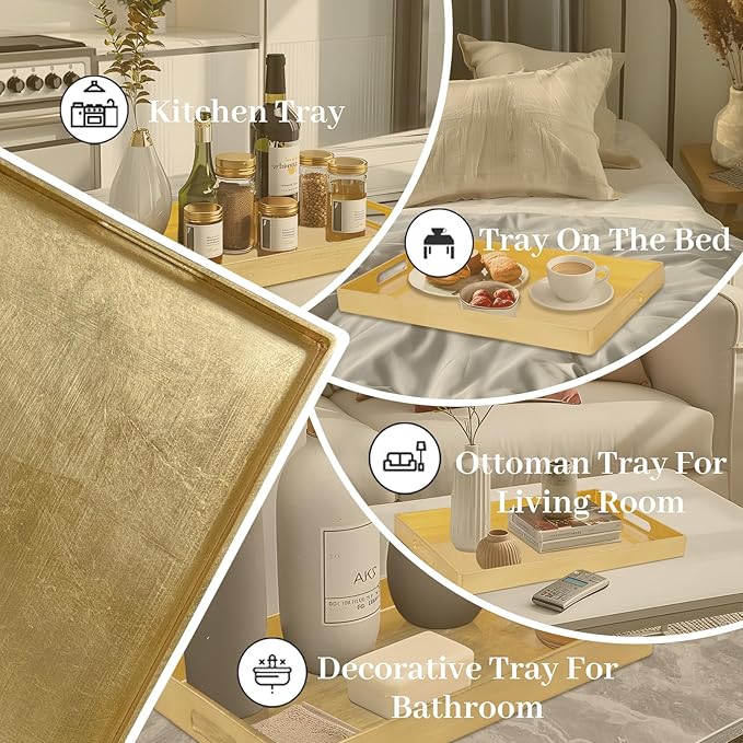 MAONAME Modern Gold Decorative Tray with Handles, Gold Leaf Serving Tray for Coffee Table, Rectangle Bathroom Decor Trays, 15.8" L x 10.2" W x 1.4" H