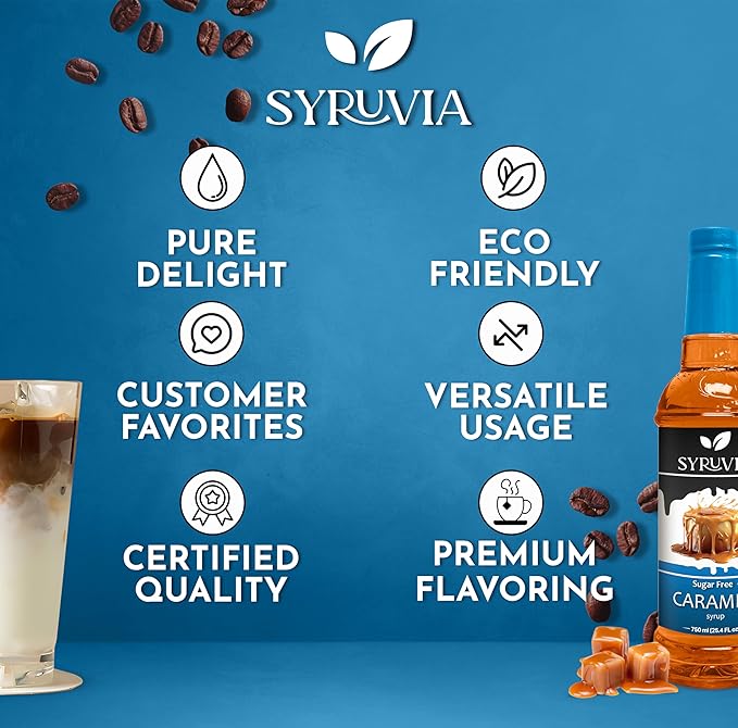 Syruvia Sugar Free Coffee Syrup, Caramel Flavored Syrup for Drinks, Lattes, and Desserts – 25.4 fl oz, With Pump