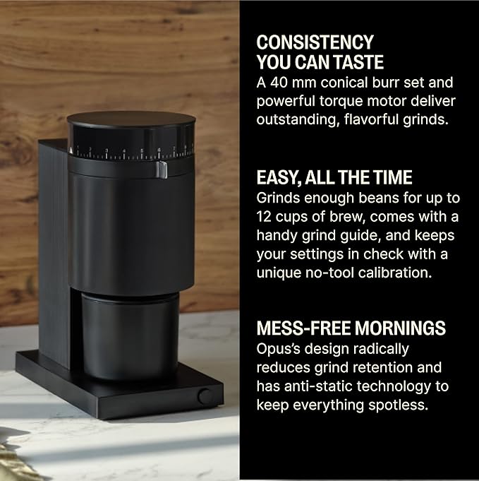 Fellow Opus Conical Burr Coffee Grinder – Electric Espresso Grinder for Home Use, 41 Adjustable Settings for Drip, French Press, Cold Brew & More, 40mm Stainless Steel Burrs, Matte Black