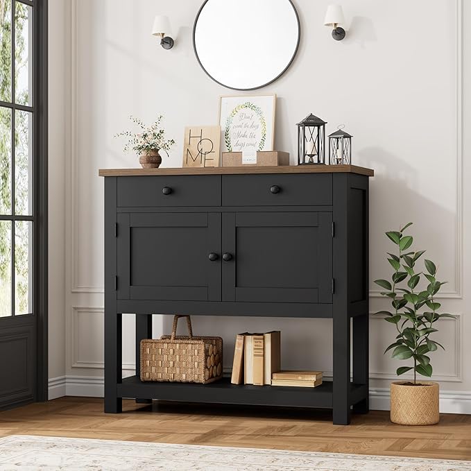 HOSTACK Farmhouse Console Table with 2-Door Cabinet & 2 Drawers, Coffee Bar, Entryway Table with Storage Shelf, Sofa Tables Buffet Sideboard for Kitchen, Hallway, Dining, Living Room, Black