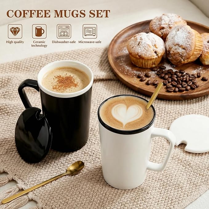 ZENFUN 2 Pc Ceramic Mugs Set for Couple, Coffee Mugs with Gift Box, Engagement Wedding Gift His and Hers, 13 oz Porcelain Mug Set with Lid and Gold Spoon(Black&White)