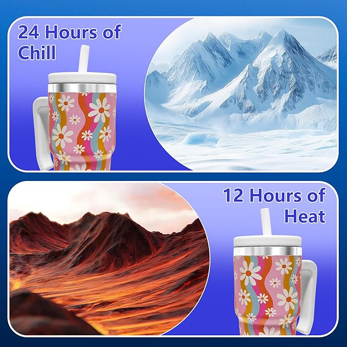 20-OZ Insulated Water Bottle,Insulated Stainless Steel Tumbler,Reusable Cold Drink Thermos,BPA-Free, Double-Wall Stainless Steel Water Bottle (Pink-Rainbow Flower, 20, Fluid Ounces)