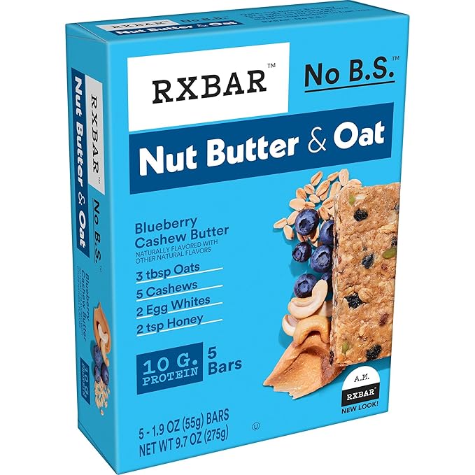 RXBAR Nut Butter and Oat Protein Bars, Protein Snacks, Blueberry Cashew Butter (6 Boxes, 30 Bars)