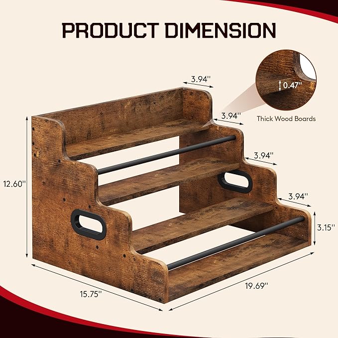 LIVELYGLOW 19.6”W x 15.74" D x 12.5" H Inches Versatile 4-Step Coffee Syrup & Water Bottle Organizer Rack Multi-Functional Retro Display Shelf for Kitchen or Bar, Holds Liquor & Spirits, Wooden