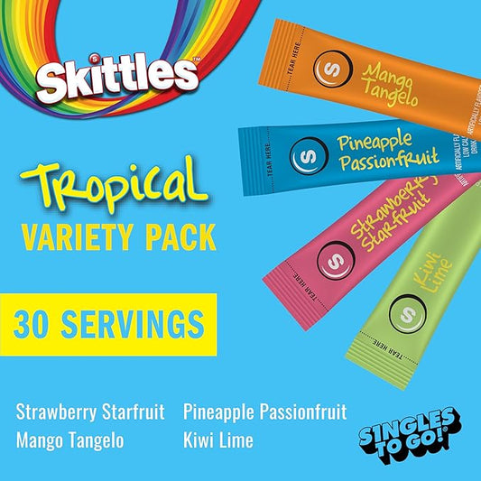 SINGLES TO GO! Skittles Singles To Go Tropical Flavors Variety Pack, Powdered Drink Mix, Strawberry Starfruit, Mango Tangelo, Kiwi Lime, Pineapple Passionfruit, 1 Box (30 Single Servings)