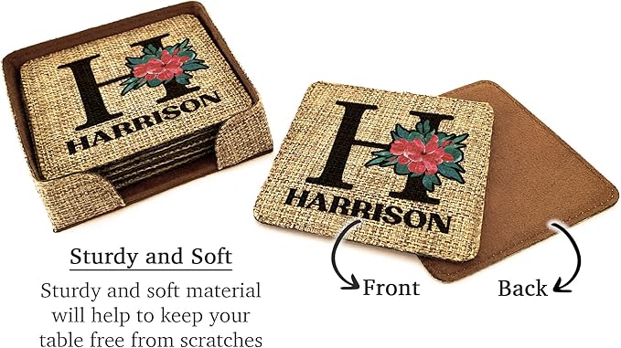 Smile Art Design Family Monogram Custom Coaster Set of 6 with Base Square Burlap Material Family Name Personalized Prints Personalized Gifts House Warming Wedding Gift Living Room Rustic Decor Style6