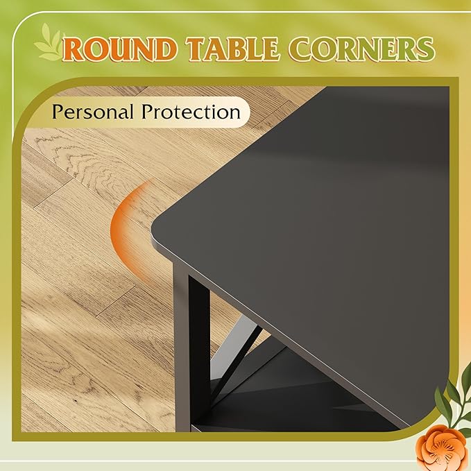 WLIVE Coffee Table for Living Room, 39" Modern 2-Tier Center Table with Round Corners, Storage Shelf, Farmhouse Style Small Coffee Table with Metal Frame, Black