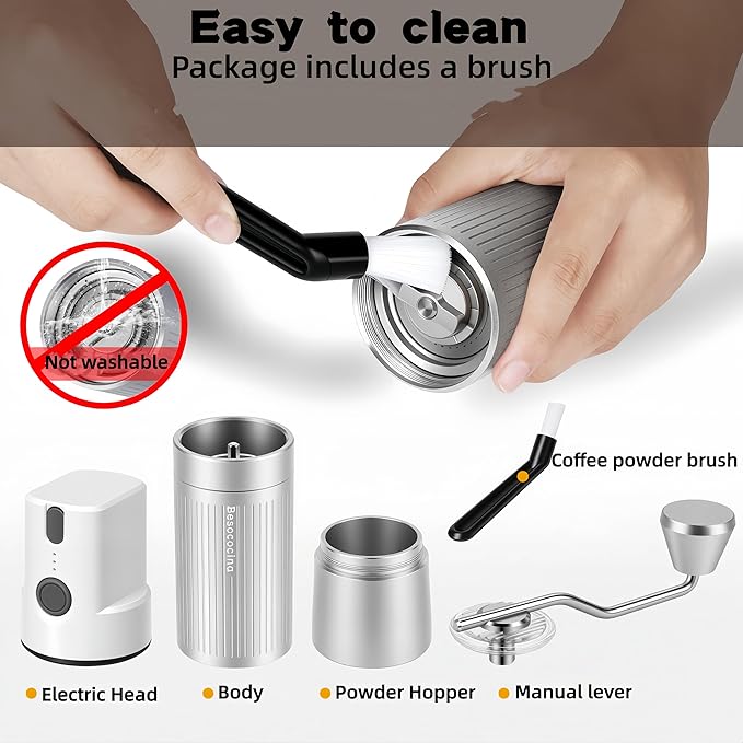 Burr Coffee Grinder 2-in-1 Manual/Electric, 40mm Stainless Steel Conical Burr Coffee Bean Grinder, USB Rechargeable Home Use, 16 Grind Levels for Espresso/Drip/French Press/Mocha (Silver)