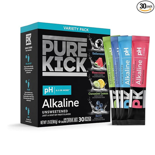 Pure Kick Alkaline pH 8.5 or Higher Powdered Drink Mix Packets Variety Pack, 30 Singles to Go!, Unsweetened with a Hint of Flavor - Watermelon, Berry, Cucumber Lemon & Unflavored, 30 Servings