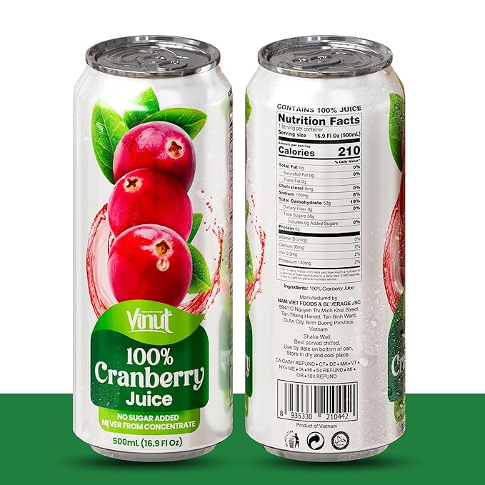 VINUT 100% Cranberry Juice – No Added Sugar, Not From Concentrate, 16.9 fl oz Cans (24 Pack)