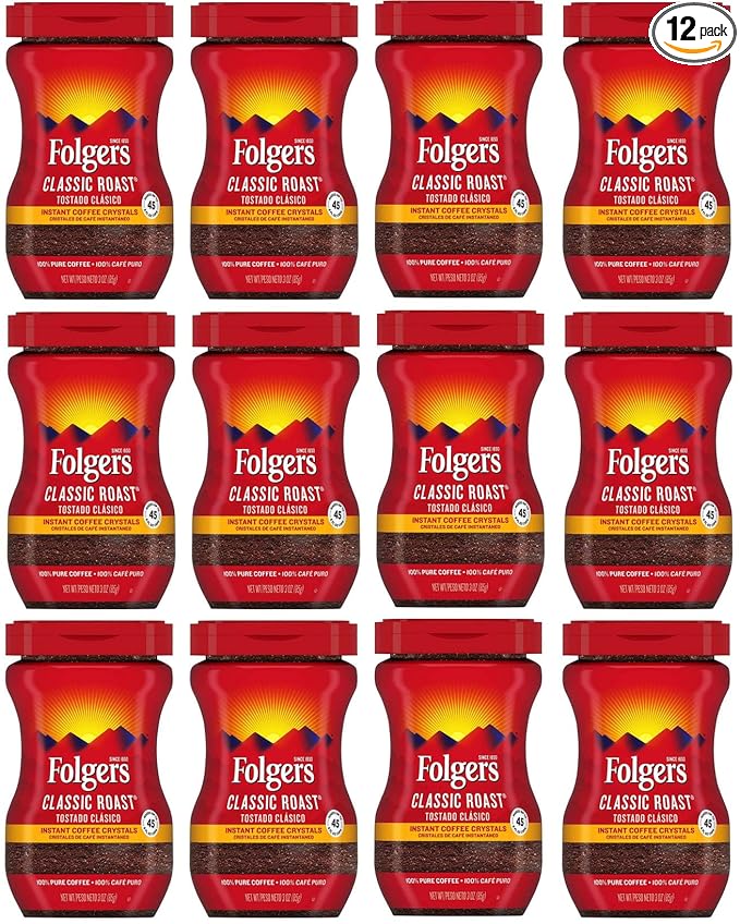 Folgers 20083 Classic Roast Instant Coffee Crystals, 3 Ounces, 100% Pure Coffee, Medium Roast, Easy-open Flip Top Lid, Portable Plastic Jar, Pack of 12