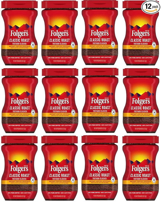 Folgers 20083 Classic Roast Instant Coffee Crystals, 3 Ounces, 100% Pure Coffee, Medium Roast, Easy-open Flip Top Lid, Portable Plastic Jar, Pack of 12