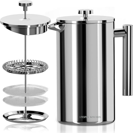 Utopia Kitchen 304 Grade Stainless Steel French Press Coffee Maker 17 Oz, Double Wall Insulated Coffee Press with 4-Level Filtration system, Include 2 Extra Filters, Rust-Free, Dishwasher Safe, Silver