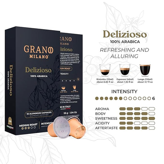 Grano Milano Delizioso Coffee Capsules - 50 Aluminum Coffee Pods Compatible with Nespresso Original line,100% Arabica Medium Roast - Intensity 6/12, Made in Italy