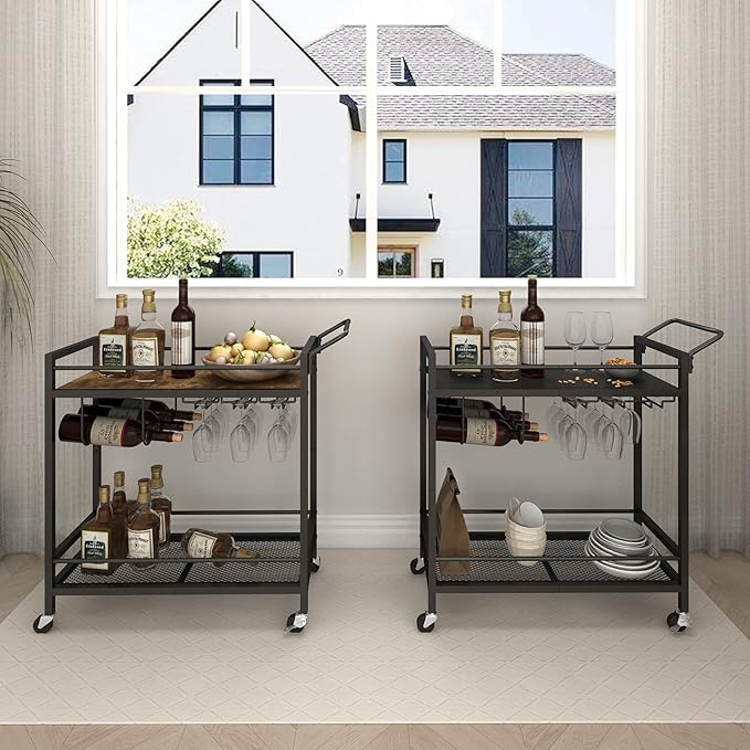 LAATOOREE Home Bar Serving Cart, Mobile Drink Beverage Cart with Two-Color Top Shelf, Rolling Kitchen Cart with Wine Holder and Glass Holder, for Dinning Room, Living Room, Kitchen