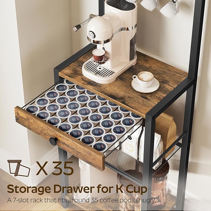 Bakers Rack, 5-Tier Coffee Bar Station, Coffee Stand with Pod Drawer Holder, Versatile Kitchen Storage Rack with 4 Hooks, for Living Room, Cafe Corner, Rustic Brown and Black KF01BRY1