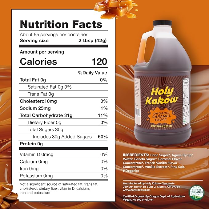 Holy Kakow Organic Caramel Sauce - Caramel Sauce for Coffee, Caramel Drizzle, Vegan Caramel Sauce, Keto Caramel Sauce for Ice Cream, Dairy-Free Caramel Sauce, Gluten-Free, Allergen-Free - 64 Oz