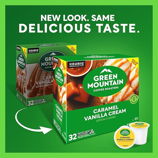 Green Mountain Coffee Roasters Caramel Vanilla Cream, Single-Serve Keurig K-Cup Pods, Flavored Light Roast Coffee Pods, 32 Count