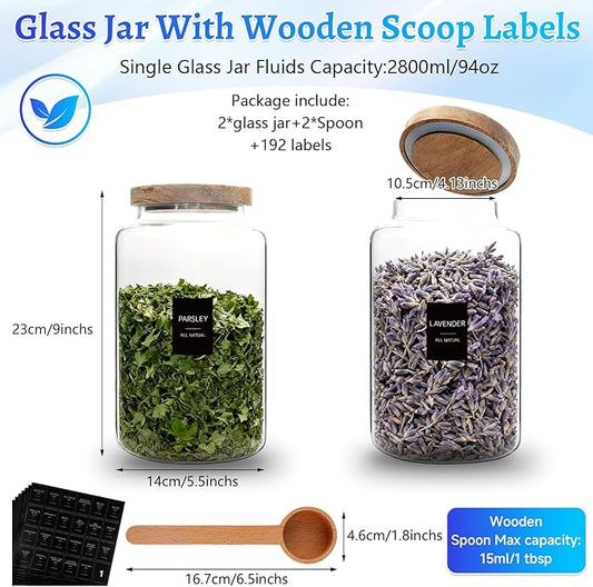 Glass Storage Jar with Lids Spoon Labels Round Glass Coffee Canister Borosilicate Glass Food Containers for Ground Spice Cookies Pasta Sugar Tea (2800ml/94oz-2 pack-with spoon)