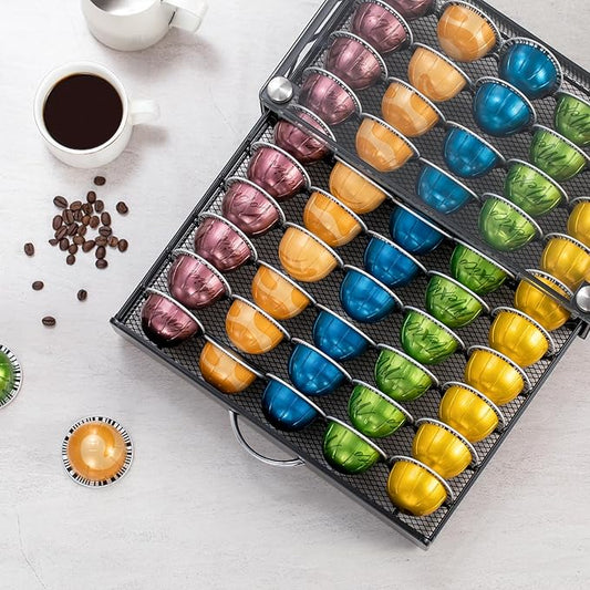 ZCDCP Pod Holder - Modern Sleek Black Metal Coffee Capsule Organizer for Nespresso Pod Storage Glass Top, Stylish Coffee Machine Stand for Coffee Bar, Office or Home Kitchen(50 Pods Capacity)