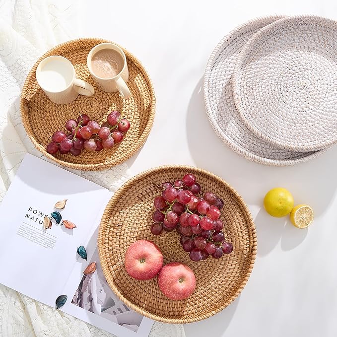 Round Rattan Serving Tray,Hand-Woven Tray with Handles, Ottoman Decorative Coffee Table Tray,Wicker Storage Basket for Tea,Fruit,Bread (Whitewash, 11.8")