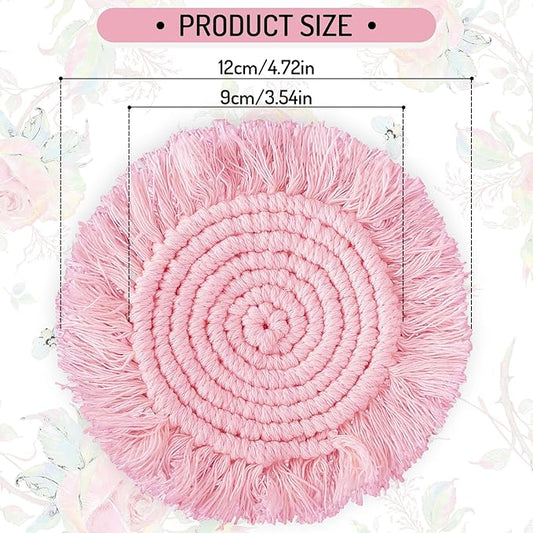 Whaline Boho Macrame Coasters Set of 4 Handmade Red Pink White Woven Coaster for Drinks Bohemian Cup Mat with Tassel for Kinds of Mugs and Cups Coffee Home Kitchen Office Wooden Table Decor