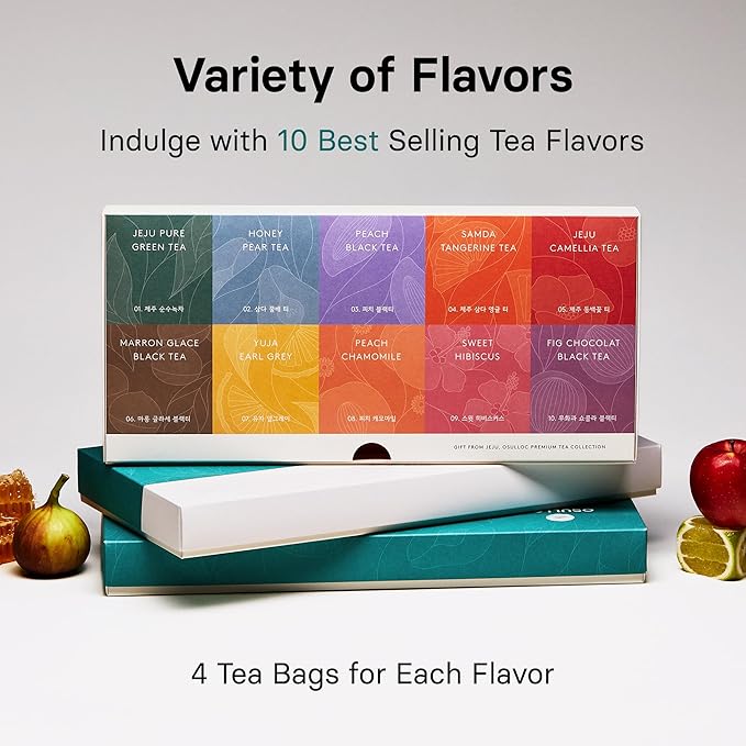 OSULLOC Premium Tea Collection (40 count, 10 flavors x 4 ea), Self Care Sampler Gift Box, Premium Organic Pure & Blended Tea from Jeju