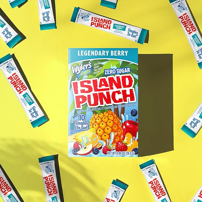 Wyler’s Light Island Punch Singles To Go, Legendary Berry, 10-Count per Box (12 Pack) – Low Calorie Powdered Drink Mixes, Caffeine Free, Gluten Free, and Zero Sugar, 120 Total Powder Packets