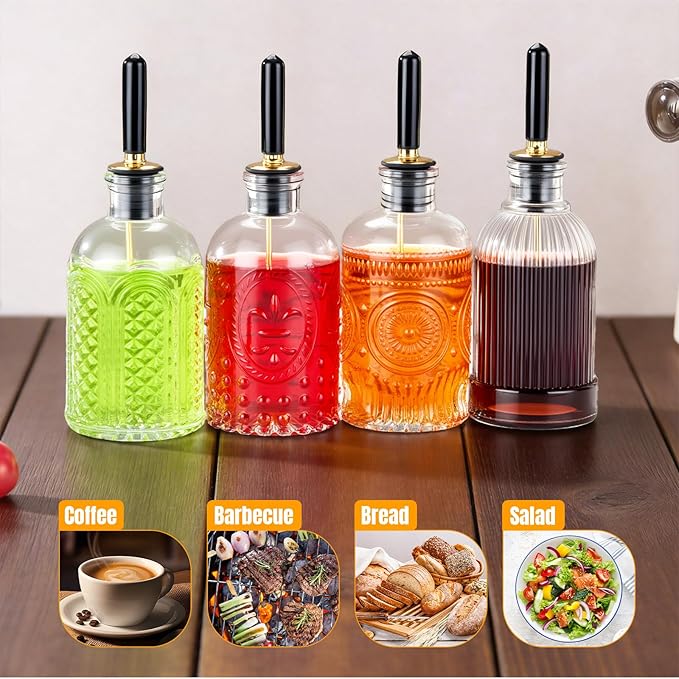 4-Pack Coffee Syrup Dispenser, 7 OZ/200ML Honey Dispenser, Small Syrup Bottles with Funnel & Extra Nozzles, Glass Syrup Dispenser for Coffee Shop, Home Kitchen