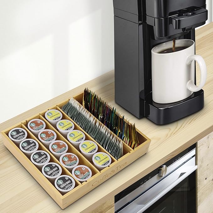 MinBoo Bamboo K Cup Holder for Drawer or Countertop Coffee Pod Holder 25-36 K Cup Pod Storage Tea Bag Organizer Storage for Coffee Station Home Office and Kitchen (Bamboo)