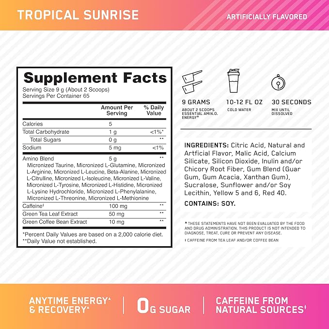 Optimum Nutrition Amino Energy - Pre Workout with Green Tea, BCAA, Amino Acids, Keto Friendly, Green Coffee Extract, Energy Powder - Tropical Sunrise, 20.6 Ounce, 65 Servings (Packaging May Vary)