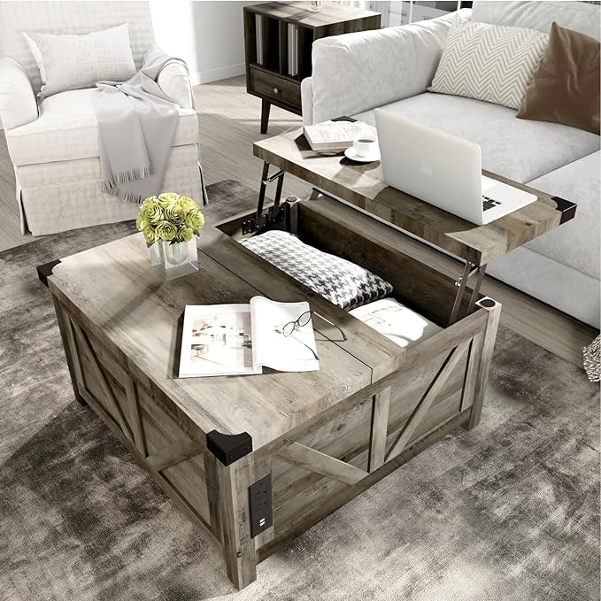 Farmhouse Lift Top Coffee Table with Storage, Wood Square Center Table with Charging Station&USB Port, Living Room Table w/Large Hidden Space, for Living Room, Bedroom, Home Office, Grey