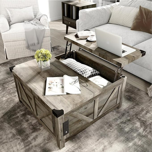 Farmhouse Lift Top Coffee Table with Storage, Wood Square Center Table with Charging Station&USB Port, Living Room Table w/Large Hidden Space, for Living Room, Bedroom, Home Office, Grey