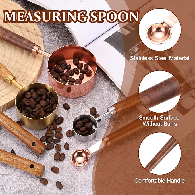uxcell Measuring Spoon, 5ml Stainless Steel Coffee Scoop Spoon with with Wood Handle for Ground Coffee Tea Sugar Cooking Baking, Rose Gold