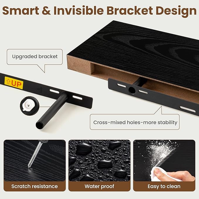 40 Inch Floating Shelves for Wall, 8 Inch Deep Floating Shelf for Storage & Display, Rustic Wall Mounted Shelf with Invisible Brackets for Living Room, Kitchen, Bathroom, Home Decor, Set of 2, Black