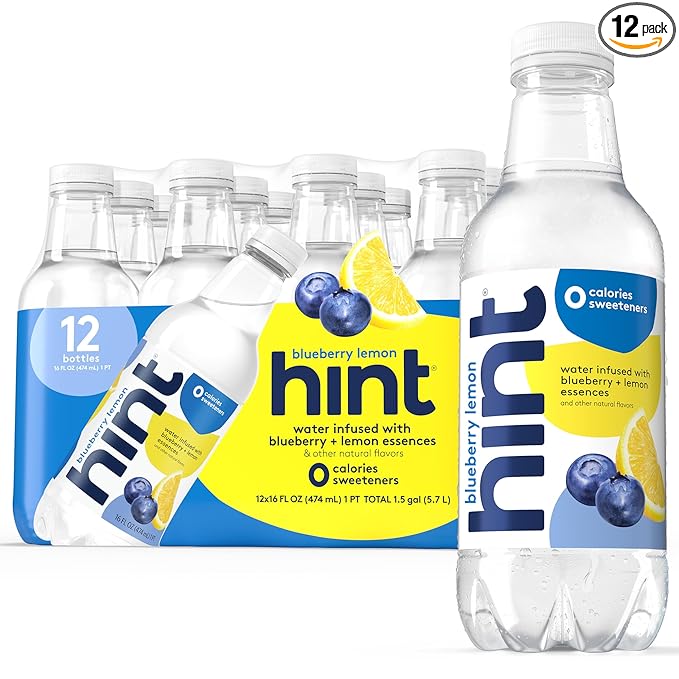 Hint Fruit-Infused Bottled Water, Blueberry Lemon - Sugar Free Flavored Water with Zero Calories, Natural Fruit Essences, and No Artificial Sweeteners - 16 Fl Oz (Pack of 12)