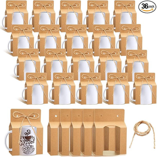 Kosiz 36 Pcs Mug Boxes Sublimation Coffee Mugs Gift Bags with Window Packaging Storage Box for Shipping Selling Wedding Valentines Gift Packaging Wrapping (for 11oz Mug,Brown)
