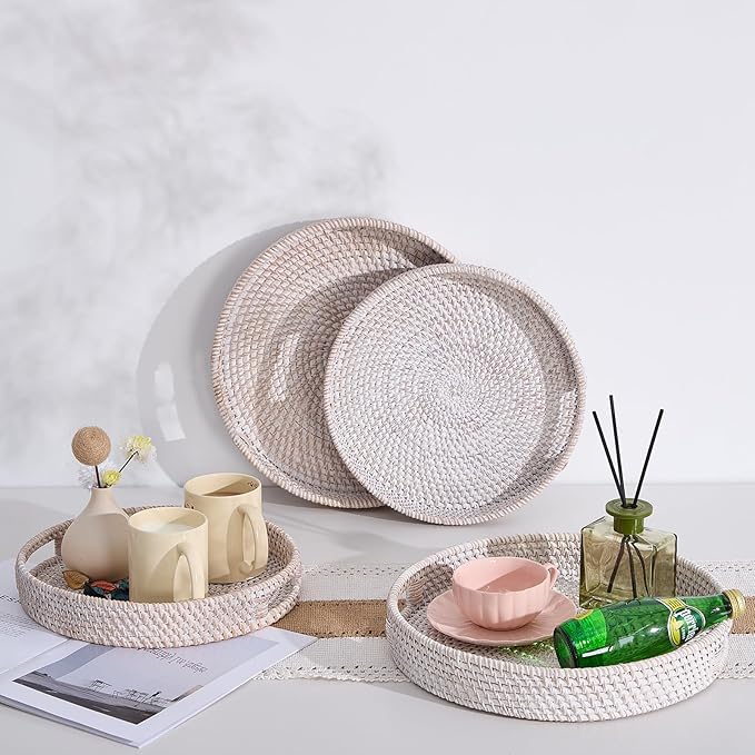 Round Rattan Serving Tray,Hand-Woven Tray with Handles, Ottoman Decorative Coffee Table Tray,Wicker Storage Basket for Tea,Fruit,Bread (Whitewash, 13.5")