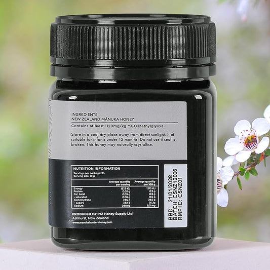 Manuka Hunters UMF 24+/MGO 1120+ Certified New Zealand Manuka Honey - 100% Pure Natural Sweetener - Gluten, Dairy Free - Ideal for Tea, Coffee, Smoothies, and Baking - Sustainable - 8.8oz/250g Jar