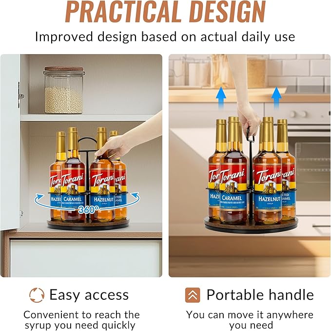 SUNNEKO Rotating Coffee Syrup Organizer Hold 6 Bottles, Wood Coffee Syrup Rack for Countertop, Large Bottle Holder Stand for Bar Station, Turntable Wine Display Tray (Black - 6 Bottles)